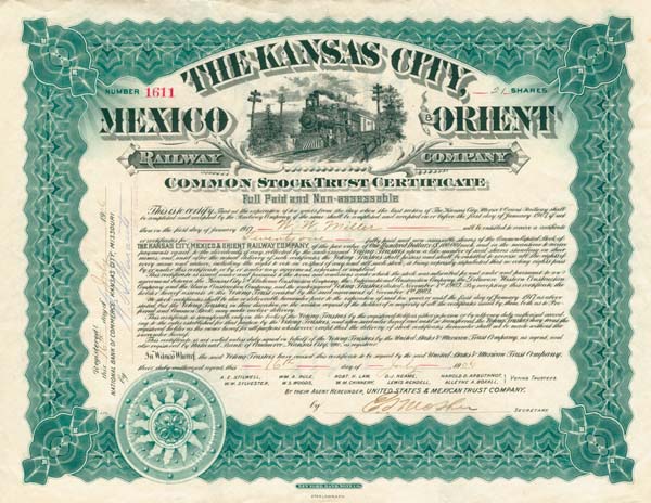 Kansas City, Mexico and Orient Railway Co. - Stock Certificate